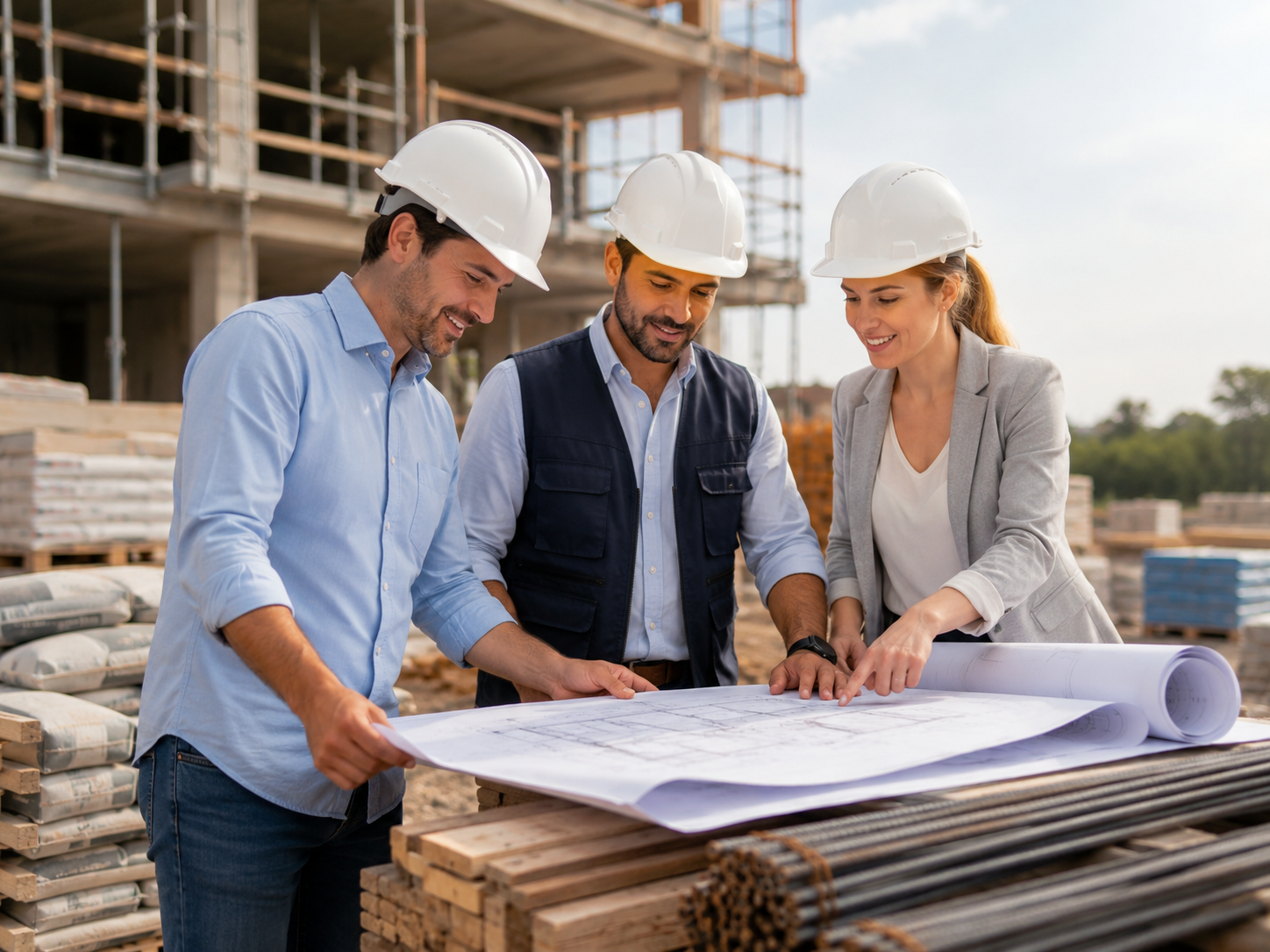 Profesionales de construcción revisando un proyecto de obra