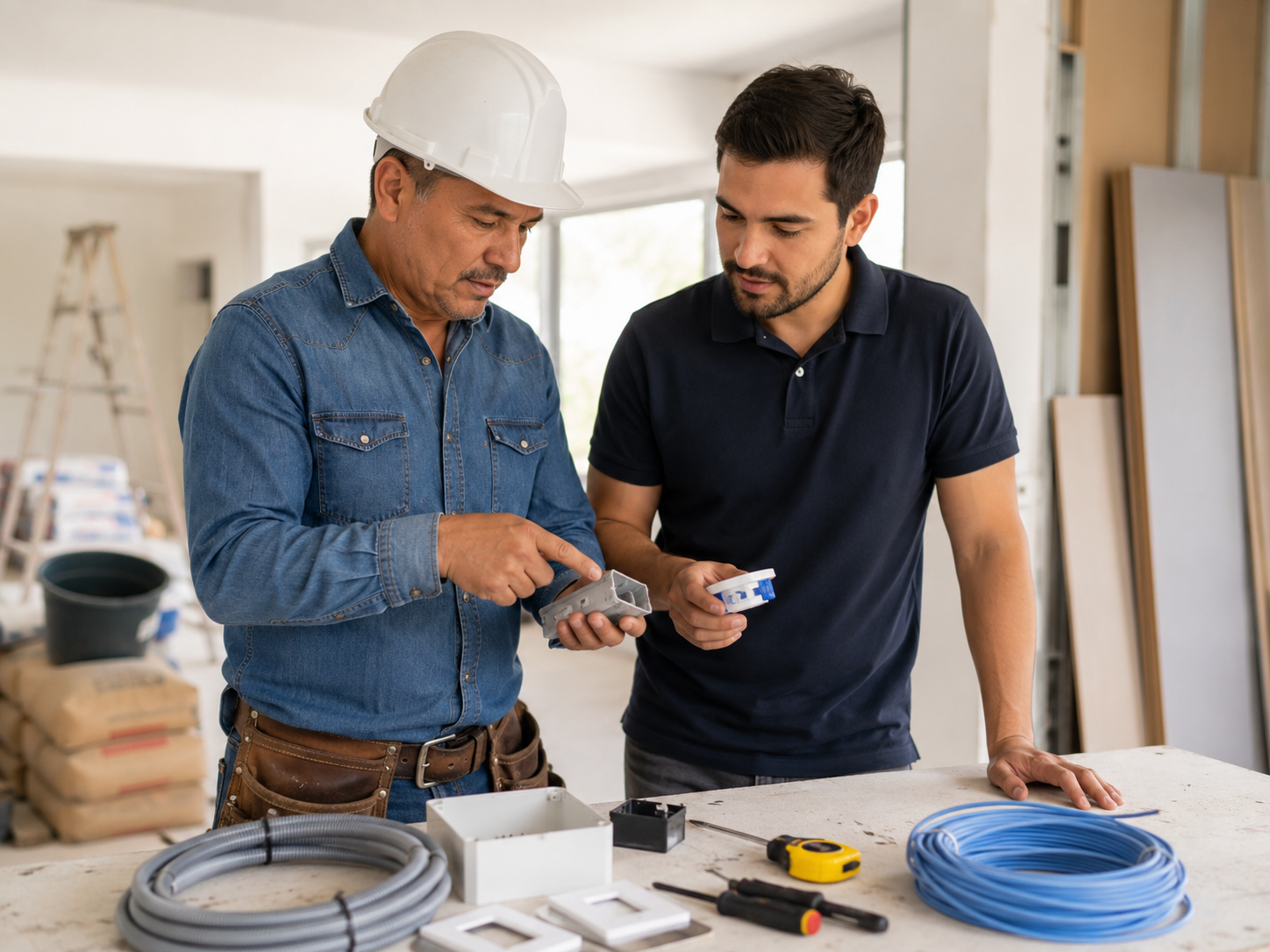 Maestro y técnico trabajando con materiales y herramientas