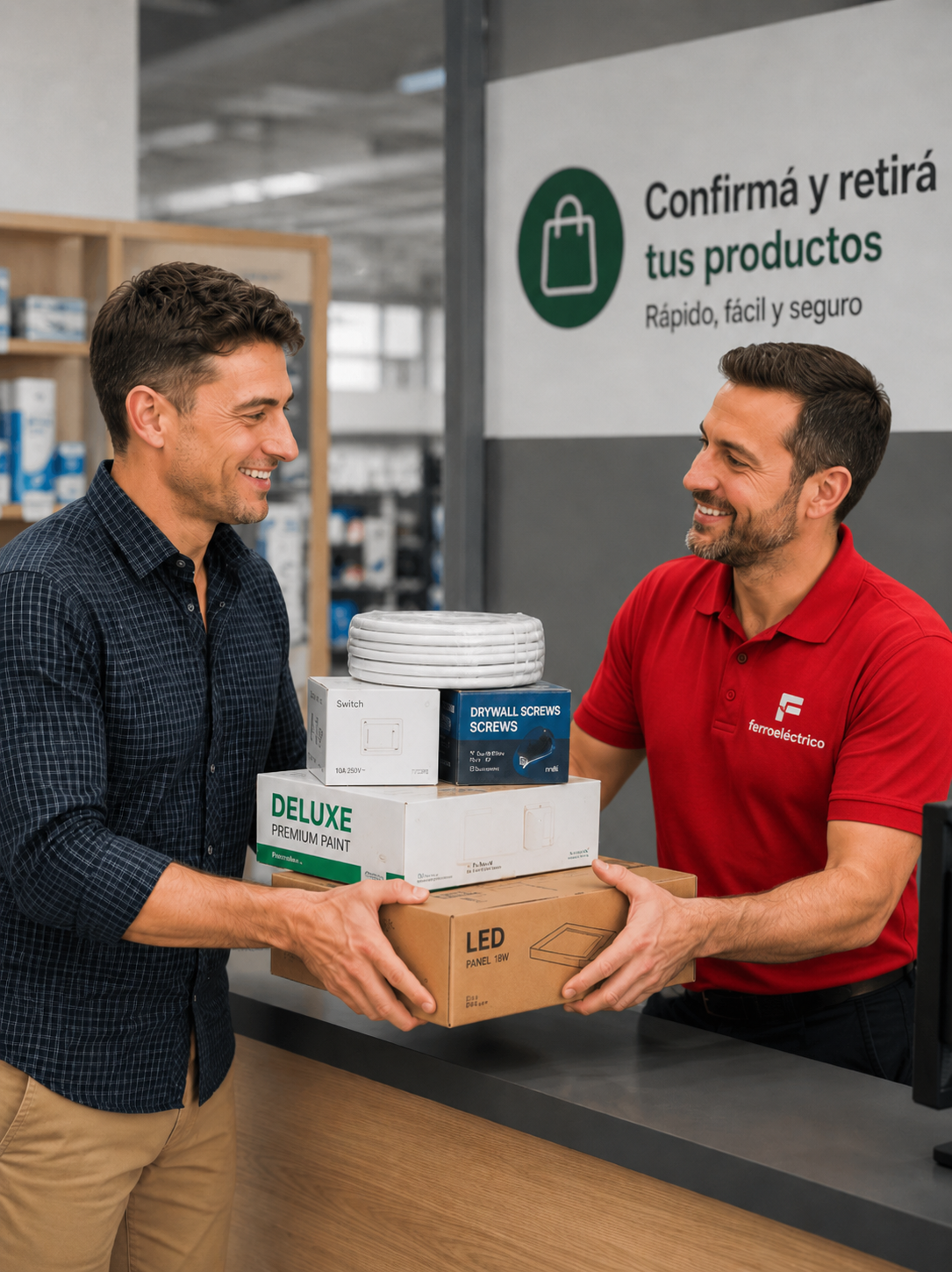 Cliente retirando productos de ferretería en tienda